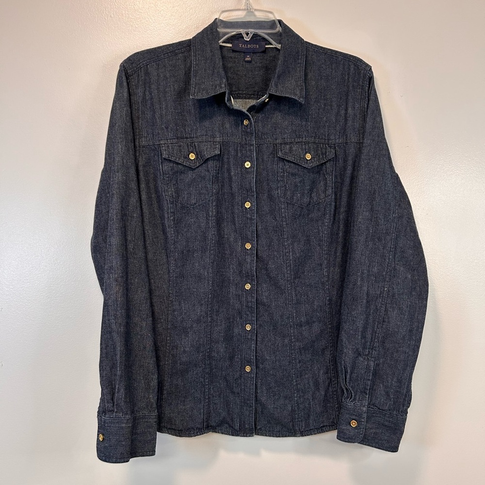 Talbots‎ Denim Shirt Blue Dark Wash Cotton Gold Buttons Fitted Women’s Size 14
